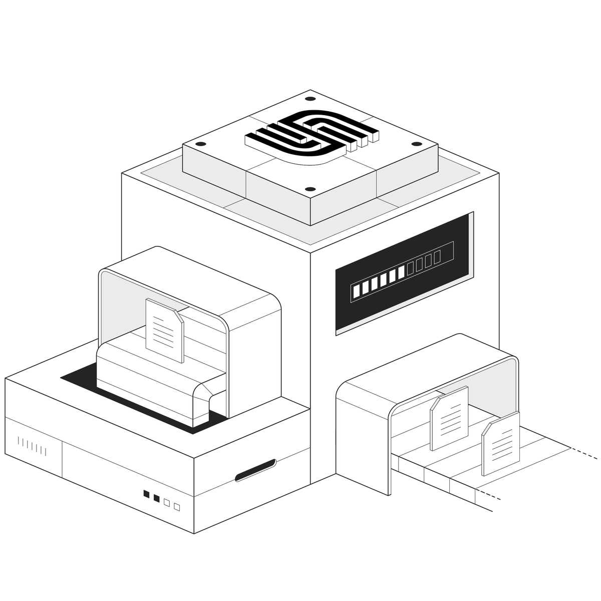 Isometric machine with two conveyor belts carrying documents and a progress bar on its side.