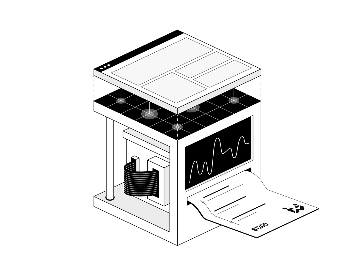 Isometric machine with a browser window on top, a line chart on its screen and an invoice printing out.