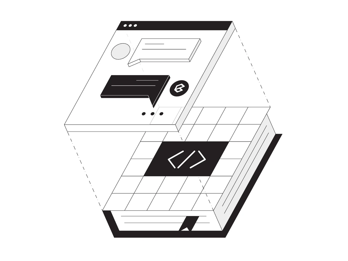 Isometric browser window with chat bubbles above a grid of code tiles and a closed book.