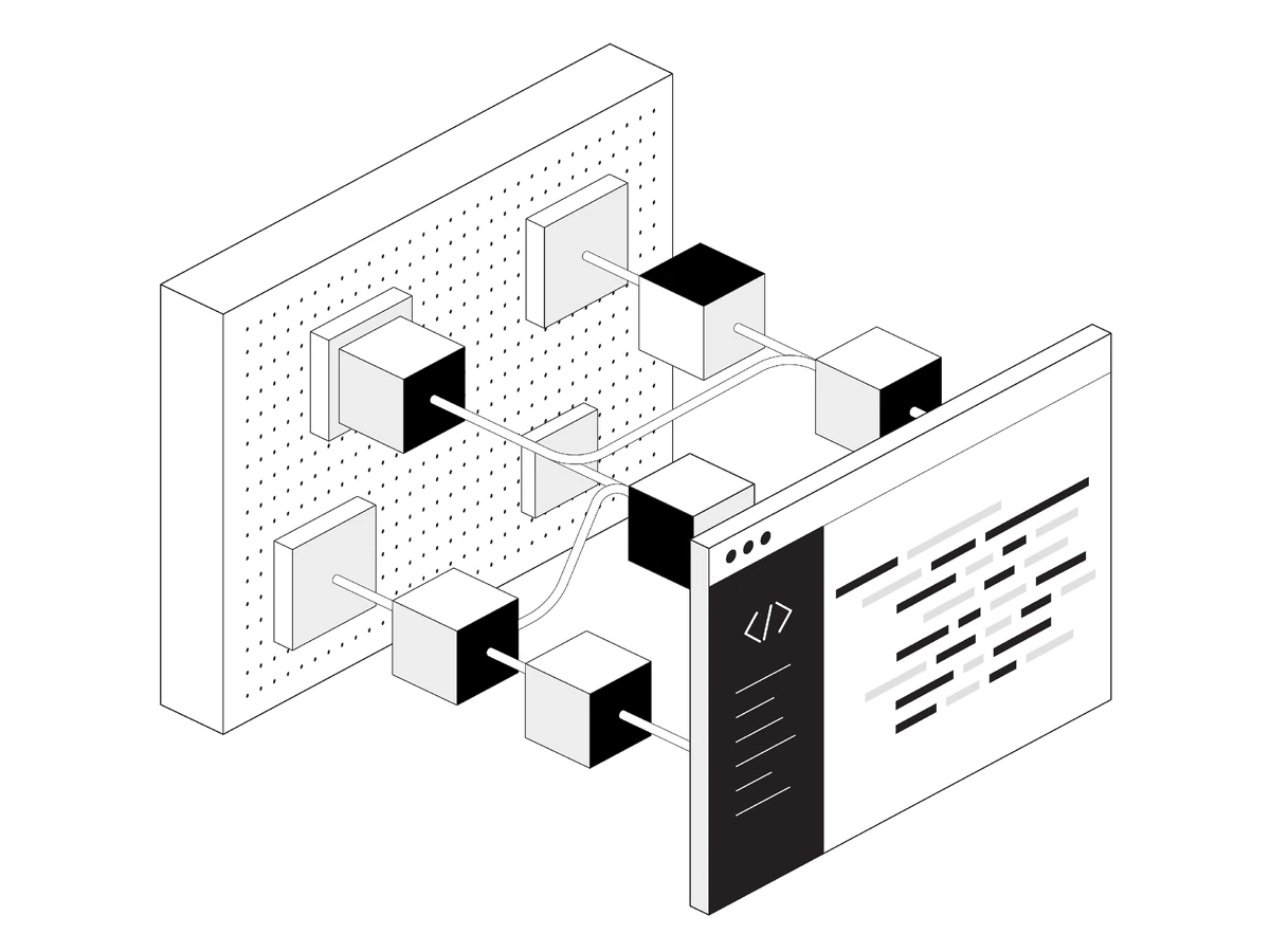 Isometric pegboard with cubes joined by cables, leading to a code editor window.