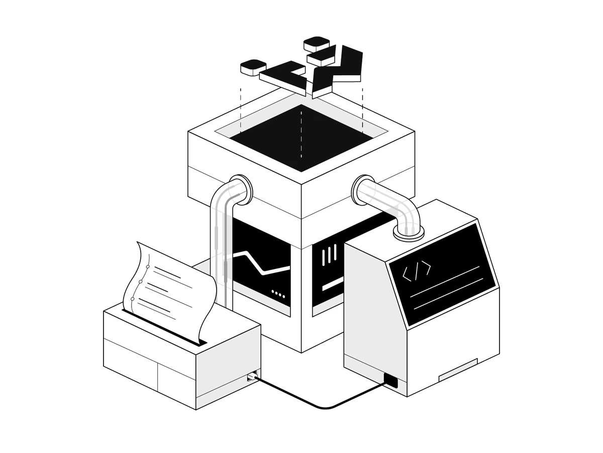 Isometric machine linked by glass pipes to a document printer and a code terminal.