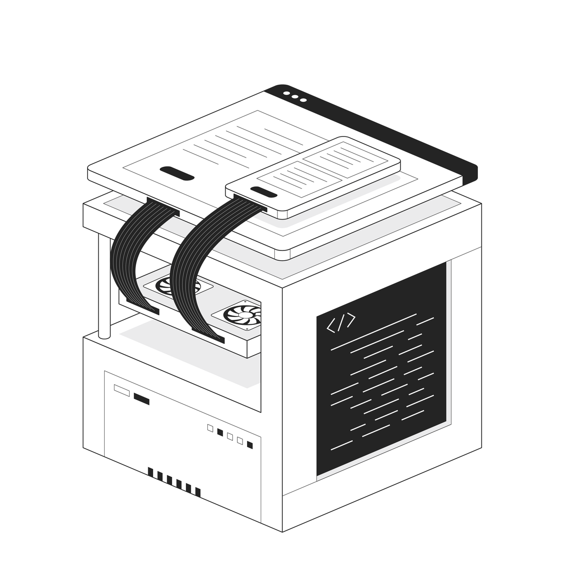 Isometric browser window and phone joined by ribbon cables to a machine with a code screen on its side.