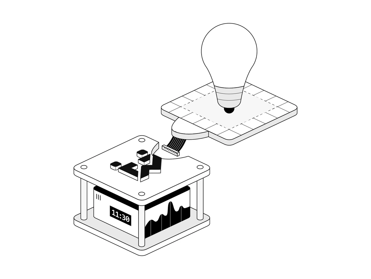 Isometric circuit board with a clock and chart display, joined by a ribbon cable to a light bulb on a tile.