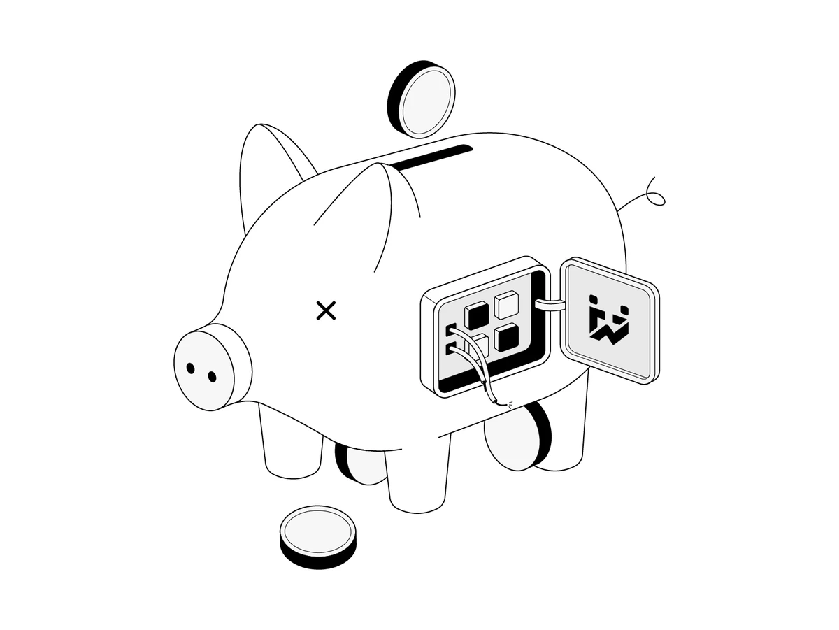 Isometric piggy bank with an open hatch showing circuitry, with coins falling in and rolling out.