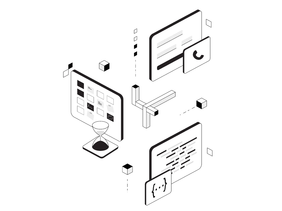 Isometric screens showing a grid of document cards with an hourglass, a loading form and a code snippet.